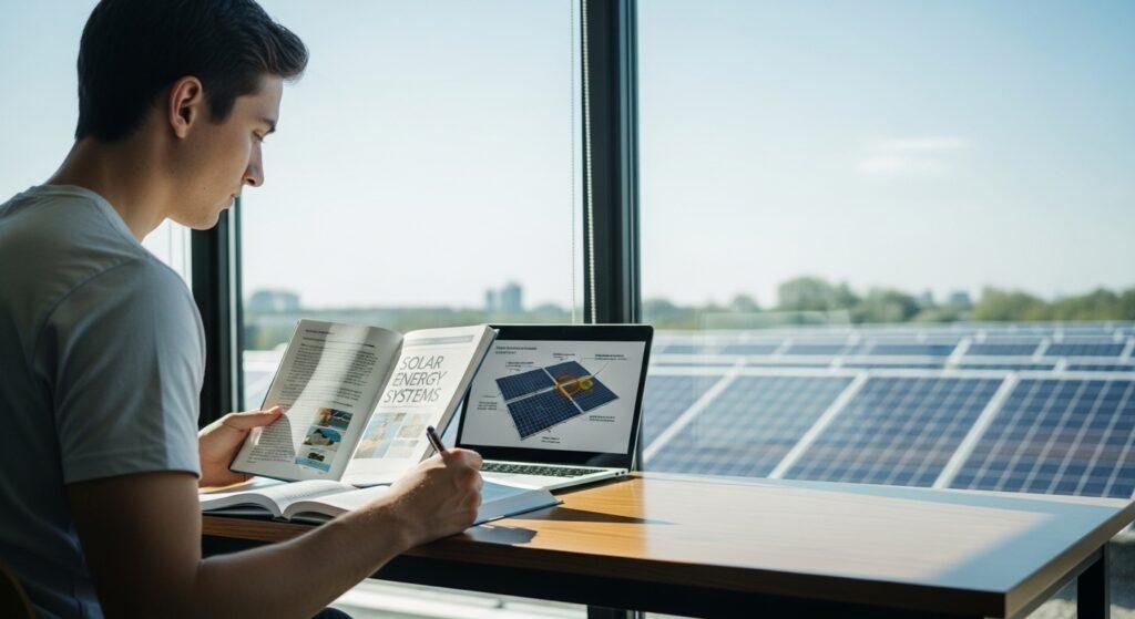 Solar panels TEAS passage study concept with student learning renewable energy