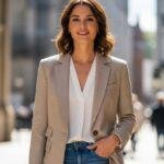 "Modern blazertje styled with jeans and blouse for casual and professional looks"