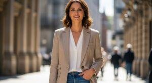 "Modern blazertje styled with jeans and blouse for casual and professional looks"
