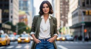 "Modern blazertje styled with white blouse and blue jeans for a casual yet polished look."