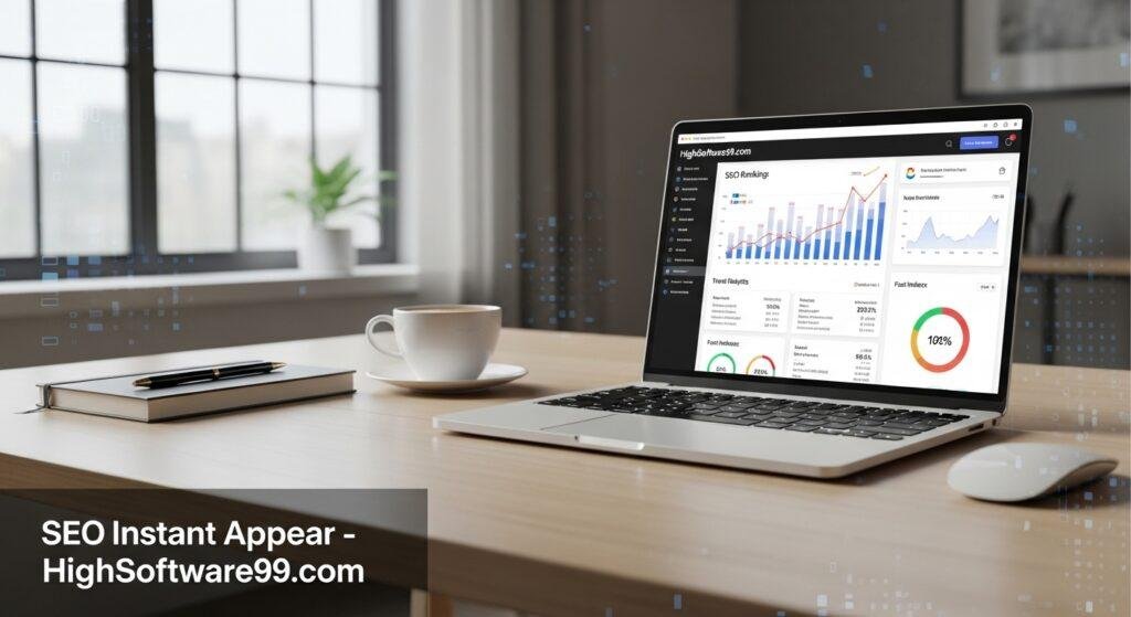 “HighSoftware99.com dashboard showing rising SEO rankings and website analytics for SEO Instant Appear strategy”