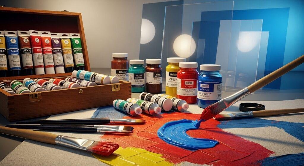 Colorful acrylic paints, paintbrushes, and acrylic sheets arranged on a canvas, representing Akrylika art materials and creative techniques.